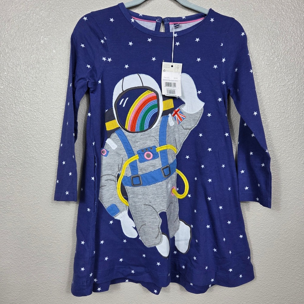 Mini Boden Girls 4-5Y Astronaut Space Dress Applique Star Print NWT G2794
